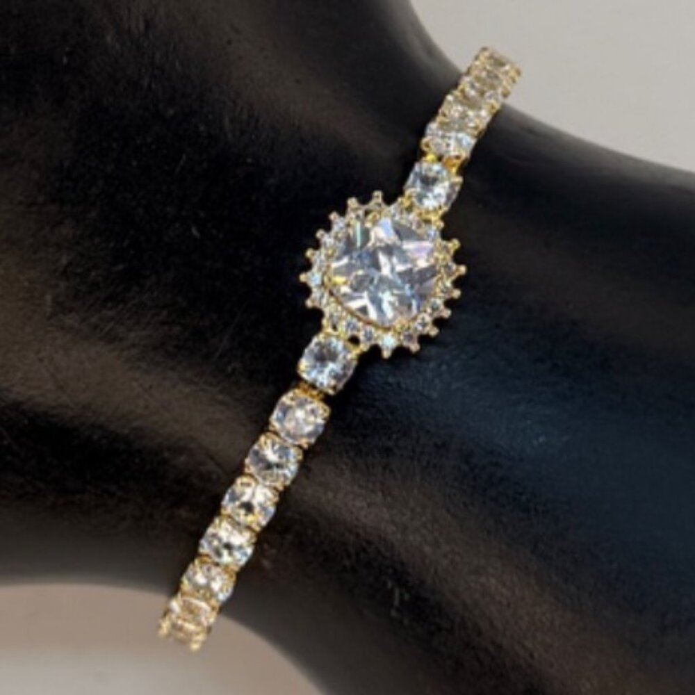 Vintage Swarovski Crystal Tennis Bracelet Halo Center Gold Overlay Slider - Picture 5 of 9